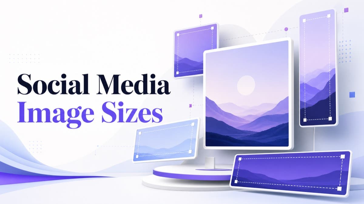 Social media image sizes shown as square, portrait, landscape and banner crop frames